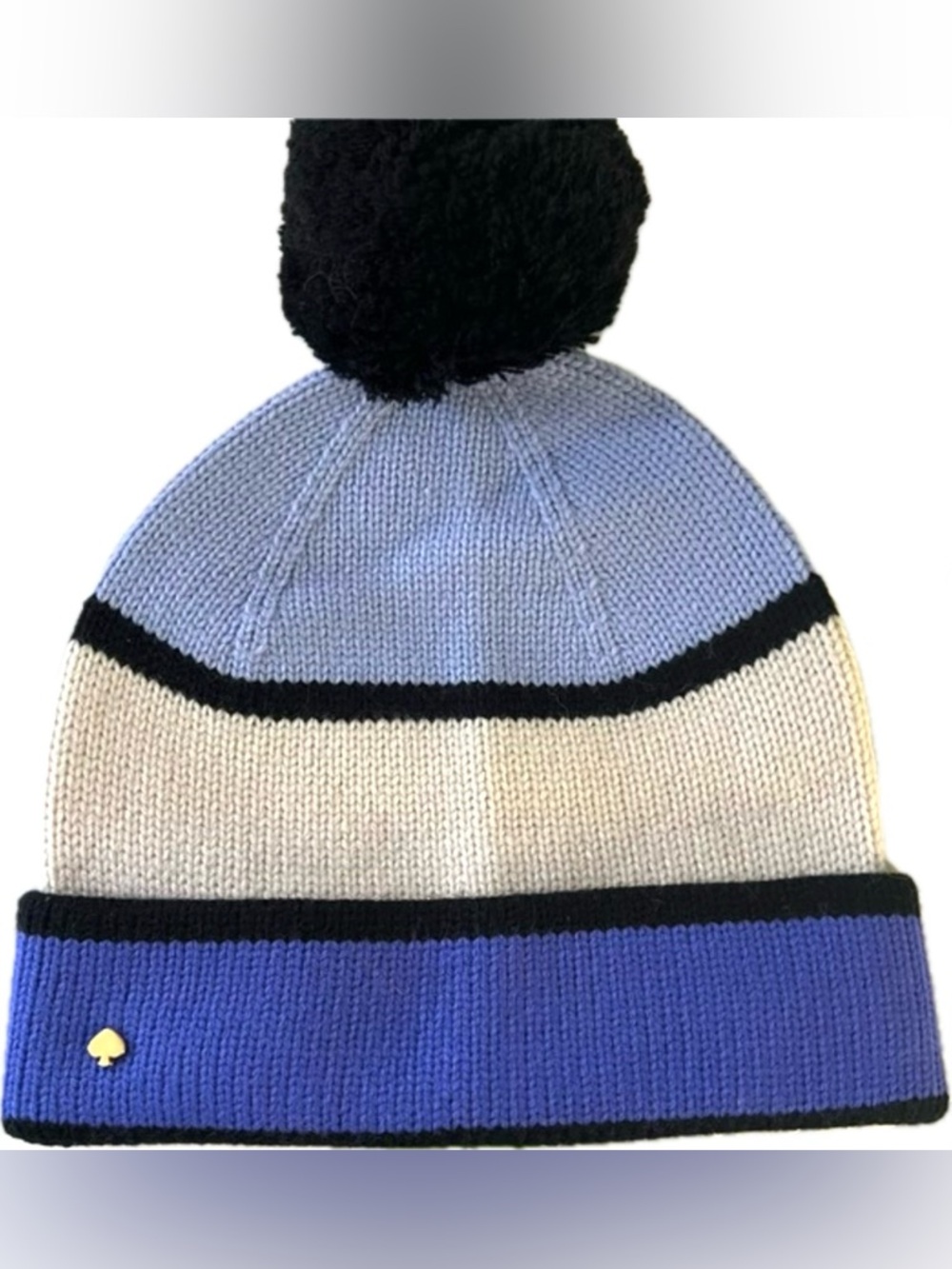 Kate Spade New York Soft Knit Color Block Pom Pom Beanie Hat Blue White Black OS